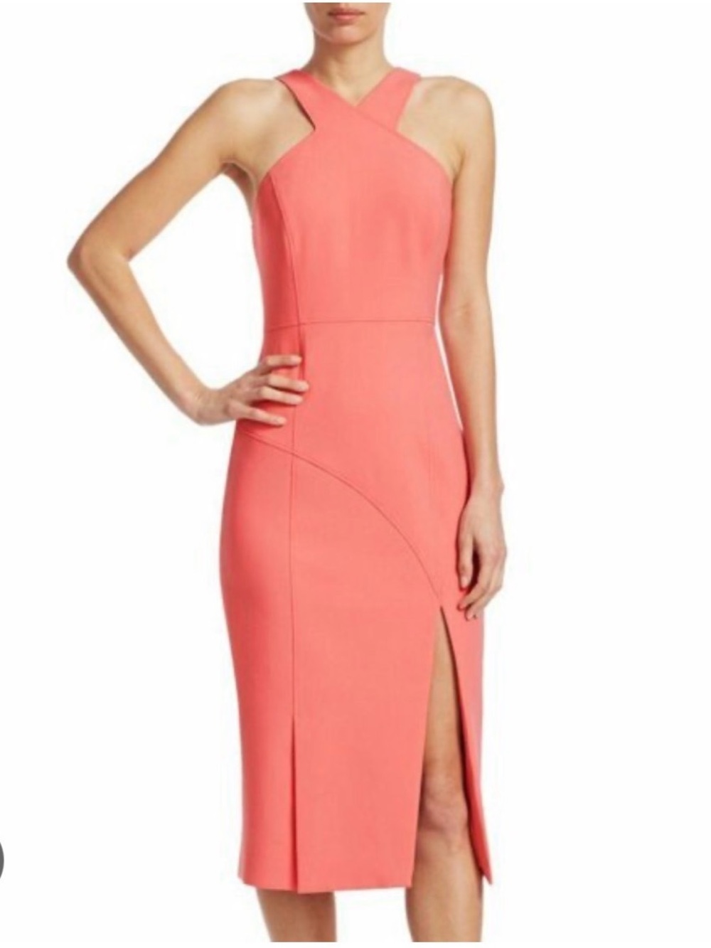 cinq a sept Coral-Pink Halter Midi Dress with Front Slit